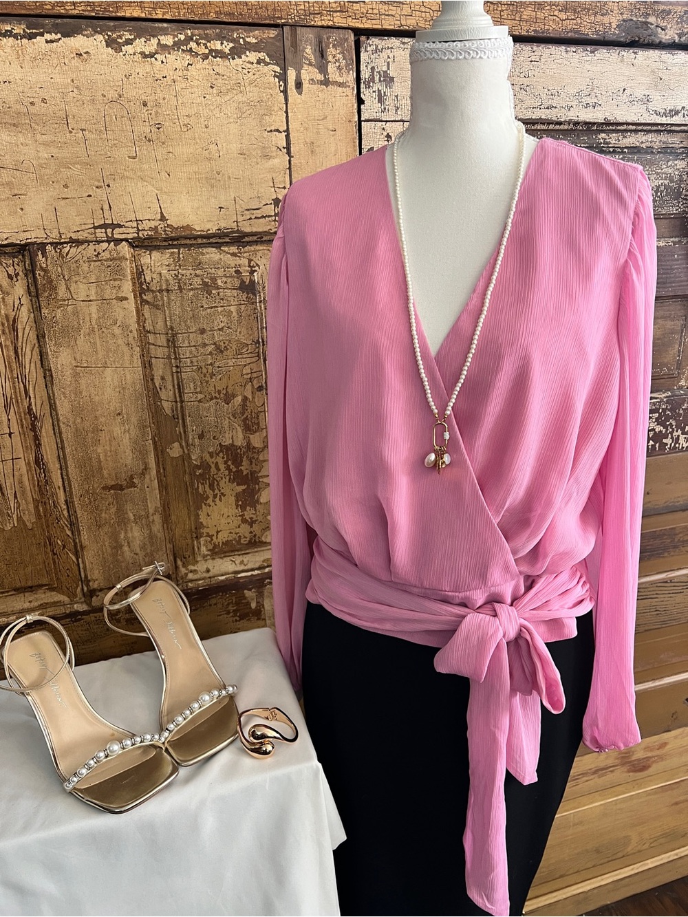 Express Pink Wrap Blouse | Tie Waist Sheer Long Sleeve Top NWOT | Size L